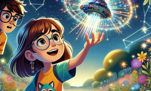 In primo piano, una ragazza di 12 anni, Sofia, con lunghi capelli castani e occhi scintillanti di curiosità, guarda meravigliata un'astronave luccicante che fluttua nell'aria. Indossa una maglietta colorata e un pantaloncino, e il suo viso esprime una gioia intensa e una leggera apprensione mentre tende la mano verso l'astronave. Accanto a lei, il suo migliore amico Marco, un ragazzo di 13 anni con capelli castani e occhiali, osserva la scena con un mix di stupore ed eccitazione. L'astronave, brillante e futuristica, è circondata da una luce splendente, con colori vivaci che si riflettono sul suolo. Sullo sfondo, un parco verdeggiante con alberi dalle foglie scintillanti e fiori multicolori crea un'atmosfera magica, mentre il cielo è punteggiato di stelle scintillanti. La scena principale mostra Sofia e Marco, affascinati dall'arrivo di un extraterrestre, Zorak, che scende dall'astronave con un sorriso amichevole. I due bambini sono pronti a vivere un'avventura incredibile, piena di scoperte e amicizia intergalattica.