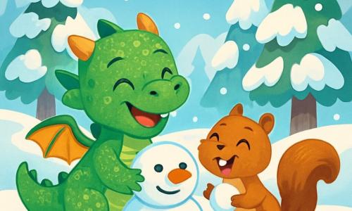 A little dragon named Puff, with shimmering green scales and sparkling joyful eyes, plays in the snow, laughing in wonder. Puff is building a snowman, his tiny clawed paws glowing with happiness. Next to him, Squeaky, a brown-furred squirrel with a bushy tail, jumps for joy, his eyes shining with mischief. He holds a snowball in his small paws, ready to throw it at Puff. The setting is an enchanted forest, with majestic trees covered in white snow, snowflakes gently falling from the light blue sky, and rounded hills sparkling in the winter sun. The main scene shows Puff and Squeaky laughing together, surrounded by sparkling snow, creating joyful memories of a magical winter.