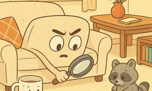 El personaje principal es un sofá antropomórfico beige claro con ojos y cejas cosidos, curioso y decidido, inclinado hacia adelante con una lupa entre sus cojines inspeccionando una mancha rojo‑anaranjada en la alfombra. Personajes secundarios: una mesa baja de madera marrón pulida, sonriente, detrás del sofá con un cuaderno y un lápiz; una taza blanca con asas, algo avergonzada, a la izquierda cerca de la ventana; y un pequeño mapache de peluche gris, tímido pero aliviado, escondido junto a una estantería a la derecha con restos de jugo en las patas. El salón es cálido y luminoso, con alfombra crema, una ventana que deja pasar luz dorada, cojines geométricos y un jarrón con flores rojas sobre la mesa. Situación: una investigación amistosa donde el sofá examina la mancha de jugo mientras los objetos amigos observan y cooperan para limpiar, ambiente suave y colores cálidos.