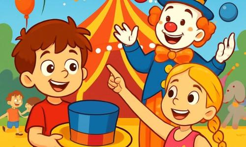 Un niño de 6 años, Lucas, con el cabello castaño revuelto y ojos brillantes de curiosidad, se encuentra en el centro de la escena, sonriendo ampliamente. Lleva una camiseta roja y un pantalón corto azul, sosteniendo un gran sombrero de circo colorido en sus manos, mirando maravillado a su alrededor. Junto a él está Ana, una niña de 8 años, con cabello largo y rubio trenzado, vestida con un traje de acróbata brillante, sonriendo mientras señala al cielo. Don Chistoso, un payaso jovial de unos 30 años, con la cara pintada de blanco y nariz roja, hace malabares con pelotas de colores justo detrás de ellos, añadiendo un toque de magia a la escena. El lugar es un circo vibrante, lleno de carpas a rayas rojas y amarillas, con luces centelleantes y globos flotando en el aire. Niños ríen y juegan alrededor, mientras un elefante juguetón se encuentra al fondo, decorado con guirnaldas coloridas. La situación principal muestra a Lucas y Ana buscando el sombrero mágico del trapecista, con expresiones de emoción y determinación en sus rostros, mientras Don Chistoso los ayuda haciendo malabares, creando una atmósfera alegre y llena de vida.