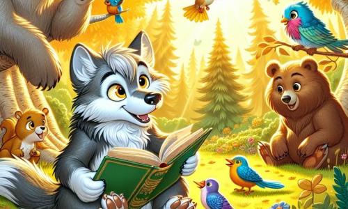 Un lupo dal pelo grigio argenteo, con occhi gialli brillanti di curiosità, si trova al centro di un radura soleggiata, con un sorriso gioioso sul volto. È seduto sulle zampe posteriori, tenendo un piccolo libro aperto tra le zampe anteriori, circondato da animali affascinati. Alla sua destra, un orso bruno massiccio, con pelo setoso e uno sguardo amichevole, ascolta attentamente, con le orecchie grandi dritte. A sinistra, un piccolo uccello colorato canta allegramente, posato su un ramo di un albero dorato. La scena si svolge in una foresta incantata, dove alberi maestosi con foglie brillanti danzano dolcemente al vento, e fiori multicolori punteggiano il terreno. L'atmosfera è gioiosa e calorosa, con raggi di sole che filtrano attraverso il fogliame, illuminando il lupo e i suoi amici mentre condividono storie di amicizia e avventure.
