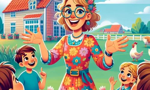 Een glimlachende juf Sofie, een vrouw van in de dertig, draagt een jurk met felle bloemen en ronde bril. Ze is vol energie en vreugde, terwijl ze enthousiast iets aan de kinderen uitlegt. Om haar heen zijn verschillende kinderen: een 7-jarig joch met rommelig bruin haar, in een blauwe t-shirt en korte broek, die met een grote glimlach zijn hand opsteekt, en een 6-jarig meisje met gevlochten blond haar in een roze jurk, dat Juf Sofie met oprechte opwinding aankijkt. De scène speelt zich buiten af, voor een charmante boerderij met groene velden, een blauwe lucht met pluizige witte wolken, en dieren zoals koeien en kippen op de achtergrond. Juf Sofie legt enthousiast aan de kinderen uit dat ze op excursie naar de boerderij gaan, terwijl de kinderen vol opwinding klaarstaan om aandachtig te luisteren en vragen te stellen.