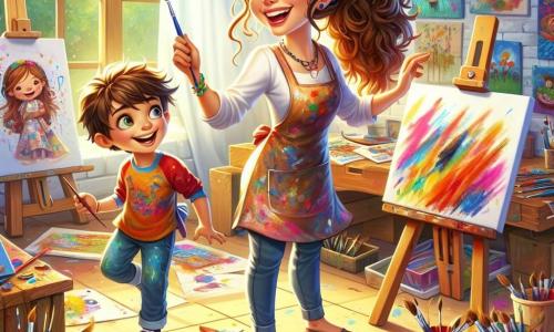 Una donna, Isabella, è in piedi al centro di una grande sala d'arte luminosa, circondata da tele colorate e barattoli di vernice vivaci. Ha lunghi capelli ricci, spesso raccolti in una treccia disordinata, e indossa un grembiule macchiato di vernice. Il suo volto irradia gioia ed entusiasmo mentre incoraggia i bambini a creare. Alla sua destra, un ragazzo di nome Marco, di circa 10 anni, è piegato su una tela, con gli occhi brillanti di curiosità. Ha capelli castani disordinati e indossa una maglietta colorata. Tiene un pennello in una mano e osserva attentamente la sua opera, con un misto di eccitazione e concentrazione sul volto. La sala è piena di luce naturale, con grandi finestre che lasciano entrare il sole, illuminando le pareti coperte di disegni e collage. Tavoli di legno sono sparsi, carichi di materiali artistici: matite, carta e palette di vernice. Isabella spiega ai bambini come esprimere la loro creatività attraverso l'arte, mentre Marco, ispirato, inizia a dipingere una grande torre di libri volanti, circondato da altri bambini che si affaccendano a creare le loro opere.