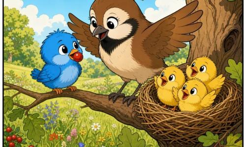 Pip is a small bright blue bird with fluffy feathers and round shiny eyes, looking guilty but relieved, perched on a thin branch holding a red berry in his beak; Mama Robin is a plump brown thrush with a soft beak and tender, comforting gaze, wings open as if to embrace Pip, standing near a wicker nest on the main branch to the right where three round yellow chicks with open beaks look at Pip, eager and joyful; the scene is a sunny meadow beside a large oak with detailed green leaves, tall grass, colorful wildflowers and a few red berries on the ground and bushes, warm colors, clear lines and rounded shapes in a simple, child-friendly style conveying a gentle, cozy mood.