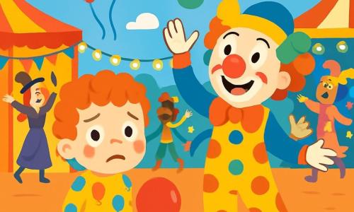 Een klein jongetje van 2 jaar, met krullend haar en blozende wangen, kijkt om zich heen met grote ogen en een bezorgde uitdrukking op zijn gezicht. Hij draagt een kleurrijke overall met ballonmotieven en houdt een rode ballon vast. In de buurt jongleert een blije clown van ongeveer 30 jaar, met een grote glimlach, een rode neus en kleurrijk haar, met glanzende ballen, wat de aandacht van alle kinderen trekt. Het carnaval vindt plaats op een levendig plein, vol met kraampjes versierd met kleurrijke slingers, fonkelende lichten en mensen in extravagante kostuums die dansen en lachen. In het midden van de afbeelding staat het kleine jongetje alleen, op zoek naar zijn ouders tussen de blije menigte, terwijl ballonnen in de blauwe lucht zweven.