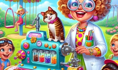 Miss Lily, a joyful woman with large sparkling round glasses and curly hair dancing around her face, smiles enthusiastically as she shows her jelly-making machine. She wears a colorful lab coat with pockets full of shiny tools. Beside her is a small cat named Whiskers, with a striped coat and curious eyes, watching the machine with fascination. Around them, a group of 6 to 8-year-old children, all smiling and excited, stand near Miss Lily. A girl with pigtails and a polka dot dress, a boy in a superhero cape, and another girl with a pink hat all look at the machine in wonder. The scene takes place in a sunny park filled with greenery, colorful flowers, and children's laughter. Swings and slides are visible in the background, adding a joyful and playful atmosphere. In this illustration, Miss Lily and the children press a large red button on the jelly-making machine together, while streams of colorful jelly joyfully pour into small pots, creating an atmosphere of creativity and shared happiness.