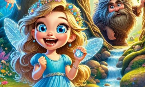 A 5-year-old girl named Lily, with sparkling blue eyes and golden hair, wears a blue dress that twirls around her. She sits by a shimmering stream, a look of wonder on her face, holding a shiny silver key in her small hands. Next to her, a fairy named Faye, small and delicate with sparkling wings and a dress made of colorful petals, joyfully flits around Lily, her eyes sparkling with mischief. In the background, a troll named Grizzle, tall and hairy with a messy beard, stands at the entrance of a cave, watching the scene with a shy smile, his arms crossed over his chest. The setting is an enchanted forest, with majestic trees whispering secrets, vibrant flowers dancing in the wind, and a stream with crystal-clear waters sparkling in the sunlight. The main situation shows Lily discovering the magical key by the stream, ready to enter the wonderful world of the cave, while Faye encourages her and Grizzle, the troll, begins to relax, ready to share his story.