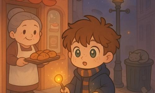 An 8-year-old boy wizard, Rowan Wisp, freckles, messy brown hair, sparkling green eyes, wonderingly curious, wearing an oversized dark blue coat and striped scarf, holding a short wooden wand in his right hand while his left reaches into a coat pocket glowing with golden light; a small glass button-lantern the size of a button floats above the pocket, emitting warm golden light and tiny sparks. To the left in a bakery doorway stands Mrs. Crumble, a round smiling baker in her 50s with gray hair in a bun and a flour-dusted apron, holding a tray of buns. The scene is Maplebright Lane at dusk: cobblestones, twinkling wrought-iron streetlamps, a salmon-painted bakery front with fogged window and cake posters, a sleeping gray cat on a bin, and an old lamppost casting a long curved shadow. Rowan is being gently pulled toward the lamppost by the lantern; the mood is softly mysterious with slightly wavering shadows and warm pastel chibi-kawaii visuals, rounded lines, soft lighting, and small magical sparks.