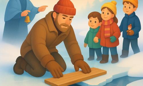 A calm, determined male explorer with a short beard, fair skin, red wool hat, brown heavy coat and worn leather gloves kneels on shiny ice, tenderly focused as he repairs a large crack with a wooden plank and ropes; a female schoolteacher of about 45 with a light blue shawl and gray hair in a bun watches from the nearby bank, holding a small golden bell, smiling reassuringly and pointing the way to three children: an 8‑year‑old girl in a yellow hat and striped scarf holding the hand of a 7‑year‑old boy in a green coat admiring the repair, and a 9‑year‑old boy farther off in an orange hat clutching a small wooden soldier found on the ice; the narrow ice bridge crosses a silver river with dark fissures and blue reflections, snowy banks, powdery green pines and a pale dawn sky with pink patches, the explorer repairing the crack while the children wait and the teacher supervises in a soft winter scene of cold light pierced by a warm ray of rising sun.