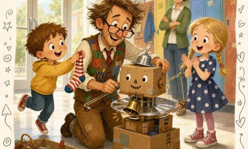 Mr. Pipkin kneels with tousled hair, slipping oversized glasses, a patched vest and an amazed smile as he assembles a cardboard machine with string arms, a silver spoon hat and a dangling bell; a girl of about seven with blonde braids in a polka-dot dress stands to his right applauding with wide-eyed wonder, a boy of about six with short brown hair holds a striped sock and hops to the left watching the machine, a woman teacher in her thirties with her hair tied back smiles with arms crossed near a large "lost and found" box; the bright school hallway has a glass door letting in morning light, colorful lockers, tiled floor and scattered toolboxes and string; the Whirly-Socks machine turns slowly, one arm grabs the striped sock, the bell tinkles and the children watch in a soft, playful, warm atmosphere.