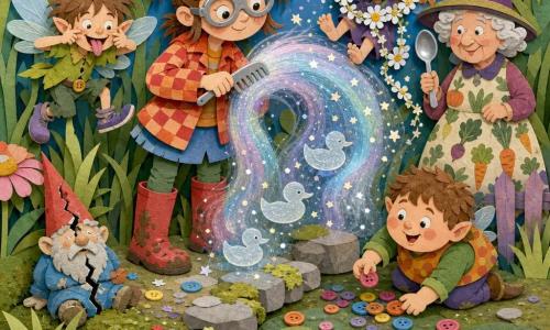 A focused, enthusiastic 10-year-old girl named Bea with a round freckled face, brown pigtails, silly safety goggles, a plaid jacket and muddy red boots gently smooths an iridescent mist-bow with an old metal comb in a strange colorful garden strewn with mossy stones, a cracked gnome, a small silver-reflecting pond and wild cut grasses; a mischievous pixie boy Flibber, small, barefooted mismatched, tousled hair and translucent wings, floats to Bea's left making a face and laughing; a round-eyed pixie boy Bink kneels by a waterlily gathering rainbow buds from the ground; a pixie girl Dot, ink-speckled and tangled in a daisy garland with her feet in the air to Bea's right, flaps her wings; elderly Mrs. Parsnip in a pointed spinning hat and vegetable-patterned dress watches smiling from the garden edge holding a silver spoon; glittery puffs and tiny translucent ducklings appear as the playful, luminous scene turns slightly chaotic.