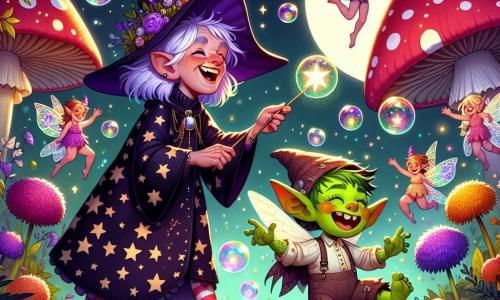 A cheerful witch named Wilhelmina Wizzlebottom, with messy purple hair and mismatched socks, stands in the center of the image, smiling broadly. She wears a black dress adorned with sparkling stars and holds a shimmering wand, surrounded by colorful bubbles floating around her. Next to her, a mischievous little goblin, about 8 years old, with green skin and pointy ears, laughs heartily while trying to catch the bubbles. He wears tattered pants and a leaf-shaped hat. In the background, a group of glowing fairies with sparkling wings and dresses made of flower petals joyfully flit through the air, adding a touch of magic to the scene. The setting is an enchanting garden filled with vibrant plants, singing flowers, and a large red mushroom with white spots on which Wilhelmina stands. The night is illuminated by a bright moon, and fireflies dance around them, creating a fairy-tale atmosphere. The main scene shows Wilhelmina casting a spell that makes multicolored bubbles burst in the air, causing laughter and joy among the magical creatures surrounding her.
