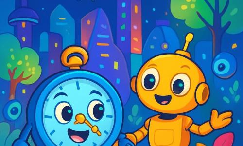 Tikkie, een vrolijk klokje met een glanzend blauwe behuizing en gouden wijzers, tikt enthousiast terwijl hij een futuristische stad verkent. Naast hem staat Zappy, een vriendelijke robot met een stralend gele behuizing en ronde, expressieve ogen, die trots glimlacht terwijl hij kleurrijke planten toont die om hen heen groeien. De achtergrond is een druk plein in Glimmerstad, waar glinsterende gebouwen met vreemde vormen naar de lucht reiken, verlicht door kleurrijke lichten. Drones zweven boven hen en bezorgen pakketten, terwijl bomen met luminescente bladeren zachtjes in de wind dansen. Tikkie en Zappy ontdekken samen de wonderen van technologie en natuur, omringd door nieuwsgierige gadgets die hen bewonderend aankijken.