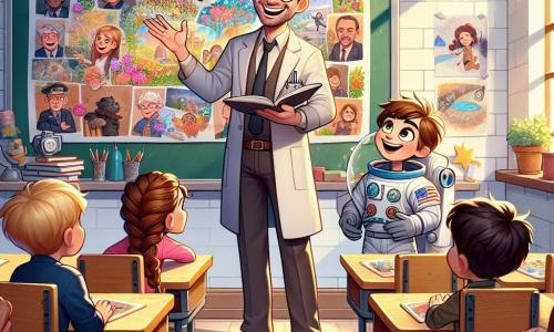 Personajul principal este un bărbat, profesorul Andrei, în jur de 40 de ani, cu părul brun ușor dezordonat și ochelari rotunzi care îi dau un aer simpatic. El zâmbește călduros, ținând un tablou mare pe care a desenat imagini colorate ale diferitelor profesii, explicând cu entuziasm elevilor săi. Printre personajele secundare se află Mara, o fetiță de 10 ani cu părul lung blond împletit, care stă lângă tabloul, ținând o pictură frumoasă. Ea îl privește pe profesor cu admirație. Victor, un băiat de 10 ani cu părul brun și ochelari, stă puțin mai în spate, purtând un costum de astronaut din carton, pregătit să împărtășească visul său de a deveni astronaut. Scena se desfășoară într-o clasă luminoasă, cu pereți decorați cu desene de copii, feronerie care lasă să intre lumina soarelui și birouri din lemn bine aranjate. Cărțile și rechizitele sunt împrăștiate pe mese, creând o atmosferă veselă și studiată. Situația principală arată profesorul Andrei explicând cu pasiune proiectul despre meserii, în timp ce copiii îl ascultă cu atenție, fețele lor strălucind de entuziasm și inspirație, pregătiți să împărtășească propriile vise și creații.