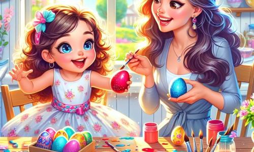 Una niña de 4 años, llamada Sofía, con grandes ojos brillantes y cabello rizado, está pintando huevos de Pascua coloridos en una mesa de madera. Ella sonríe alegremente, sosteniendo un pincel en una mano y un huevo rojo en la otra, rodeada de frascos de pintura vibrante. Junto a ella, su mamá, una mujer de unos 30 años con cabello largo y liso, la anima con una sonrisa cálida, sosteniendo un huevo azul que acaba de pintar. La escena tiene lugar en una cocina luminosa, decorada con guirnaldas de Pascua, con ventanas abiertas que dejan entrar la luz del sol y flores coloridas en el alféizar. Sofía, llena de entusiasmo, crea huevos de Pascua mágicos, mientras su mamá la ayuda a hacer esta actividad aún más alegre y festiva.