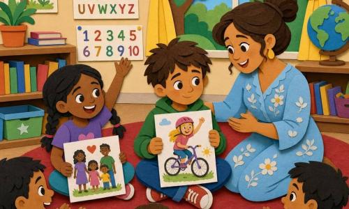 A warm, smiling female teacher with chestnut hair in a bun, wearing a light blue floral dress, kneels on a red round rug to encourage Jack, an about-8-year-old brown-haired, shy boy holding a drawing of his little blonde 5-year-old sister learning to ride a bike; Mia, about 7, with black hair in pigtails, sits left of Jack on the carpet, raising her hand and holding a colorful family drawing; the bright classroom has large windows with yellow curtains, alphabet and number posters, low shelves of books and colorful crayon boxes; the scene shows a tender sharing moment with children softly applauding, vivid contrasting colors and visible cut-paper textures with clean edges and layered pieces.