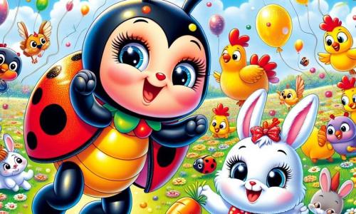 Uma joaninha alegre chamada Lili, com asas vermelhas com pintas pretas e grandes olhos brilhantes, dança no meio de uma festa colorida, com um largo sorriso no rosto. Ao seu lado, um travesso coelhinho chamado Ródi, com pelagem branca e grandes orelhas, segura uma cenoura nas patas, rindo e pulando de alegria. Perto dali, um grupo de galinhas com penas douradas e olhos curiosos bicam milho, enquanto peixes coloridos dançam em bolhas cintilantes no fundo de um pequeno lago. A cena acontece em um campo verdejante, salpicado de flores vibrantes e sob um céu azul claro, onde balões flutuam alegremente. Lili, cercada por seus amigos animais, organiza uma festa animada, cheia de risos e brincadeiras, onde todos se divertem correndo e dançando juntos.