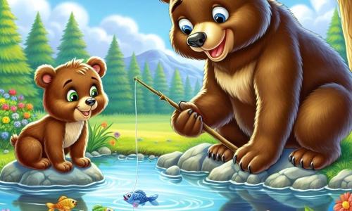 Ein junger Braunbär mit weichem, glänzendem Fell und neugierigen Augen steht am Rand eines wunderschönen Teichs, ein strahlendes Lächeln auf seinem Gesicht. Er hält einen Stock in seinen Vorderpfoten, bereit, bunte Fische zu fangen, die fröhlich an der Wasseroberfläche springen. Neben ihm sitzt ein kleiner Bär mit matterem Fell, dessen Augen voller Zweifel, aber auch Hoffnung sind. Er beobachtet aufmerksam und lächelt leicht, während er seinen Freund bewundert. Die Umgebung ist bezaubernd: Majestätische Bäume mit leuchtend grünen Blättern umgeben den Teich, und bunte Blumen blühen am Ufer, während Vögel in den Ästen singen. Die Hauptsituation zeigt die beiden Bären, die einen Moment der Freundschaft und Entdeckung teilen, wobei der junge Bär seinen Freund ermutigt, es mit dem Fischen zu versuchen und so die Schönheit von Solidarität und Akzeptanz zu verdeutlichen.