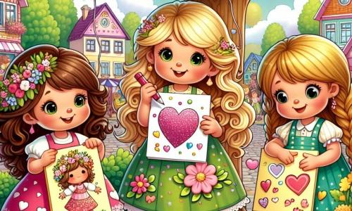 Três meninas de seis anos estão reunidas sob uma grande árvore com folhas verdes brilhantes. Ana, uma menina de cabelos castanhos e cacheados, veste um vestido rosa com flores brancas e segura um bonito cartão colorido nas mãos. Ao lado dela, Bia, com cabelos loiros trançados e um vestido amarelo, sorri mostrando seu cartão decorado com glitter. Clara, uma menina de cabelos castanhos e lisos, veste um vestido azul e desenha um coração em outro cartão, com o rosto iluminado pela excitação. O local é uma charmosa praça de bairro, cercada por casas coloridas e flores vibrantes. Balões flutuam no ar e risadas de crianças se misturam à doce melodia de uma festa em andamento. As três amigas estão preparando cartões para o Dia das Mães, cheios de desenhos e palavras carinhosas, prontos para serem oferecidos a suas mães com amor e alegria.