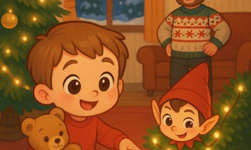 Een nieuwsgierige jongen van 6 jaar met rond gezicht, roses wangen en kort lichtbruin haar zit voor een versierde kerstboom en houdt zijn knuffelbeer tegen zich; een ondeugende handgrote mannelijke kabouter met bleke huid, rood puntmutsje en groen jasje met belletjes verstopt zich glimlachend achter lichtjes en laat wat meel bij de koekjes achter; een ongeveer 35-jarige vader met korte baard en kersttrui staat verrast maar teder met handen in de zij bij de bank; de warme, feestelijke woonkamer heeft een rood vloerkleed, gouden kerstballen, een open koekendoos met kleine voetafdrukjes en een raam waar sneeuw valt — het moment van ontdekking: de jongen wijst naar de voetafdrukjes en het verstoorde lint, sfeer helder en kleurrijk.