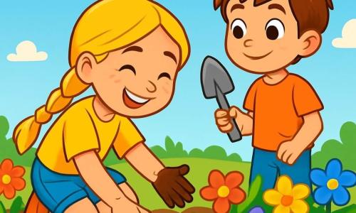 Ein 8-jähriges Mädchen, Lina, mit langen, geflochtenen blonden Haaren, lächelt voller Energie, während sie Samen in einen bunten Garten pflanzt. Sie trägt ein leuchtend gelbes T-Shirt und eine Jeansshorts, ihre Hände sind schmutzig von der Erde, was ihre Begeisterung für die Natur zeigt. Neben ihr steht ihr Freund Tim, ein 8-jähriger Junge mit zerzausten braunen Haaren, der eine kleine Schaufel hält und Lina bewundernd ansieht, bereit, ihr zu helfen. Der Garten ist hell und sonnig, mit Blumen in allen Farben: rot, blau, gelb und violett, die sanft im Wind tanzen. Im Hintergrund ist der Himmel klar und blau, gesprenkelt mit einigen flauschigen weißen Wolken. In dieser fröhlichen Szene arbeiten Lina und Tim zusammen, um einen wunderschönen Garten zu schaffen, der ihre Liebe zur Natur und ihren Wunsch, die Umwelt zu schützen, symbolisiert.