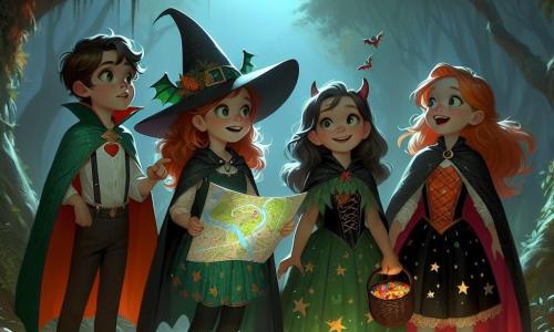 In una foresta magica, quattro bambini si trovano insieme, illuminati dalla dolce luce della luna. Matteo, un ragazzo di 7 anni, indossa un costume da piccolo drago verde con ali scintillanti e tiene la mano di Sara, curioso ma un po' preoccupato. Anna, una ragazza di 8 anni, è vestita da strega con un cappello nero a punta e un abito decorato di stelle, sorridendo e indicando un grande albero in lontananza. Sara, una ragazza di 7 anni, indossa un costume da vampiro con un mantello rosso e denti aguzzi, guardando con eccitazione la mappa che tiene in mano. Lisa, una ragazza di 6 anni, è travestita da piccola zucca con un vestito arancione e un cappello a forma di foglia, vicino a Matteo con un cestino pieno di caramelle. La foresta è fitta, con alberi dai tronchi nodosi e foglie scintillanti sotto la luce della luna. I bambini scoprono una piccola scatola di legno nascosta sotto una grande quercia, piena di caramelle e un messaggio di congratulazioni per il loro coraggio durante questa caccia al tesoro di Halloween.