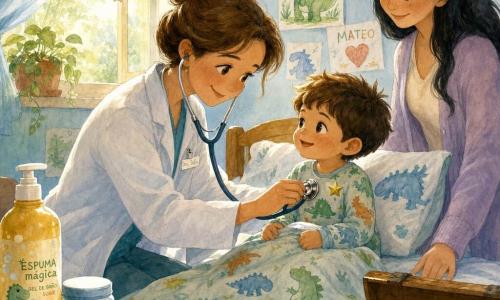 La protagonista es una médica sonriente y dulce, cabello castaño claro recogido en moño, que sostiene un pequeño estetoscopio plateado e inclina la cabeza con benevolencia; Mateo, niño de 4 años con manta de dinosaurios y ojos curiosos, está sentado en la cama en pijama y la mira con confianza; la madre, de pie junto a la cama con cabello largo negro y mano sobre la manta, muestra una expresión tranquilizadora; la habitación luminosa de paredes azul pastel tiene una ventana abierta con cortina ligera, una planta y dibujos infantiles; sobre la mesa hay pequeños objetos de cuidado y un cofre de juguetes al pie de la cama; la escena central muestra a la médica escuchando el corazón del niño con gesto suave, rodilla a la altura de la cama, mientras la madre sonríe, en una ambientación cálida de luz matinal con texturas de acuarela y toques nítidos (estrellita dorada en el pijama).