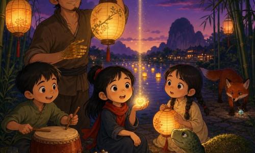 Lan is a small lively young woman with black ponytail and a red scarf, holding a warm yellow glowing sprout in her palm as Minh, a 30-year-old lantern-maker with laquer-stained hands, stands behind her holding a lit lantern with a proud, gentle smile; to her left an eight-year-old boy quietly beats a small drum, to her right a seven-year-old girl in a light dress with braided hair holds a paper lantern, an old wise-eyed turtle rests on a foreground stone and a bright-furred fox slips through bamboo in the background; the scene is a riverbank at twilight with floating lanterns, curved bamboo, mossy stones and a dark violet sky where a star begins to climb, a friendly crowd in a half-circle with warm yellow and orange lights, paper lamps and small offerings around a shell box — a soft, spiritual, joyful moment focused on the luminous seed in Lan’s hand and its beam rising toward the sky.