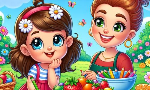 Una bambina di 4 anni, Sofia, con lunghi capelli castani e occhi brillanti di gioia, è seduta sull'erba verde del giardino, con un grande sorriso sul volto. Tiene dei pastelli nelle mani e guarda con meraviglia un disegno di fiori che ha appena realizzato. Accanto a lei, sua madre, una donna sorridente di circa 30 anni con capelli castani raccolti in uno chignon, prepara un grande piatto di frutta colorata su una tovaglia a quadri rossi e bianchi. Il giardino è pieno di fiori vivaci di tutti i colori, con farfalle che volano intorno e un cielo azzurro chiaro punteggiato di nuvole bianche e soffici. Sofia è impaziente di iniziare a disegnare e di preparare la deliziosa torta di frutta per il picnic.