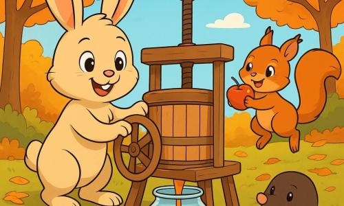 Ein junger Hase namens Linus mit weichem, seidigem beige-farbenem Fell, großen aufrechten Ohren und neugierigen Augen steht vor einer großen Holzapfelpresse. Er lächelt begeistert, seine kleinen Pfoten auf dem Rad der Presse, bereit zu drehen. Neben ihm springt ein kleines Eichhörnchen namens Mira mit glänzendem rotem Fell und buschigem Schwanz vor Freude, ihre Augen strahlen vor Aufregung, während sie einen glänzenden roten Apfel in ihren Pfoten hält. Ein Maulwurf namens Hugo mit dunkelbraunem Fell und einer kleinen rosa Nase schaut neugierig aus einem Loch im Boden, seine kleinen Pfoten auf dem Rand. Die Szene spielt in einem herbstlichen Park mit goldenen und orangefarbenen Blättern, der Boden ist mit knusprigen Blättern bedeckt und der Himmel ist hellblau mit weißen Wolken. Die Atmosphäre ist fröhlich und dynamisch, während Linus und seine Freunde Äpfel pressen, aus denen glitzernde Safttropfen in ein großes Glasgefäß fallen.
