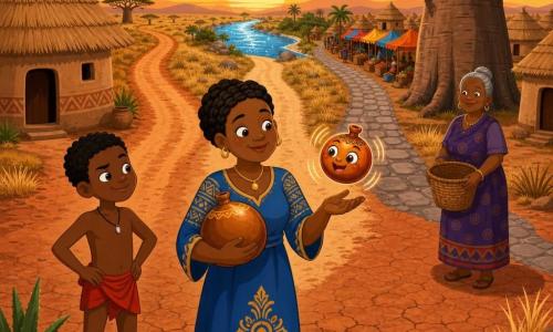 Nala, an adult woman with a round face, braided crown hair and a blue dress with gold patterns, looks curious and serene while holding a shiny round gourd to her chest; the magical gourd is small, copper-orange with painted eyes and a smiling mouth, vibrating and floating above her right hand. A mischievous ten-year-old boy with dark skin in a red loincloth stands to her left with hands on hips watching the gourd, and an elderly woman of about 60 with gray hair in a bun and a wicker basket stands by a baobab in the background, kindly watching. The village courtyard has cracked red earth, beige mud round houses with thatched roofs, a large baobab on the right, patches of yellow dry grass and a wide sunset sky. Nala stands before three paths fanning out: a dusty trail to the savanna, a sandy path to a shining river, and a paved road to a busy market; warm colors, strong contrasts and simple readable shapes suitable for children.