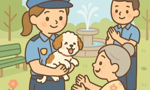 Policial mulher sorridente e afetuosa, cabelo castanho-claro em rabo de cavalo, uniforme azul-claro com distintivo redondo, segura nos braços o cão pequeno Max, branco com manchas marrons, alegre; uma mulher idosa de cerca de 60 anos, cabelo grisalho preso em coque e vestido florido em tons pastéis, estende as mãos aliviada em frente à policial junto à fonte; outro policial homem de ~35 anos, traje similar sem distintivo brilhante, sorri e aplaude levemente atrás à direita; cenário num parque luminoso com grande fonte redonda de pedra, banco verde, relva, árvores e flores, céu azul com nuvens suaves; cena de reencontro calma e alegre, expressões ternas e gestos suaves; estilo com traços simples, contornos arredondados e paleta pastel (azul-claro, verde-tender, rosa-pálido, bege), luz suave, composição clara para criança de 4 anos.