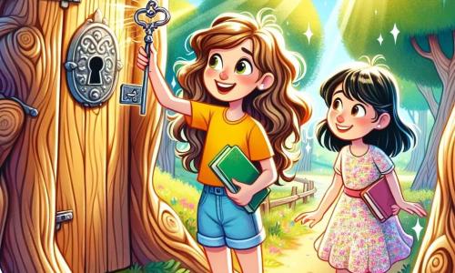 Uma menina de 12 anos, Clara, com cabelos castanhos e cacheados, e olhos brilhantes de curiosidade, está diante de um velho cruzamento de madeira, seu rosto iluminado pela excitação. Ela usa uma camiseta amarela e um short jeans, segurando um caderno em uma mão e uma pequena chave de ferro na outra, pronta para descobrir um tesouro escondido. Ao seu lado, Inês, outra menina de 12 anos, com cabelos negros e lisos, vestindo um vestido florido, sorri entusiasticamente, admirando o cruzamento. Elas estão em uma clareira ensolarada, cercada por grandes árvores, onde raios de luz filtram pelas folhas, criando padrões brilhantes no chão. Clara e Inês estão prontas para abrir uma porta secreta em um velho carvalho, com um ar determinado e corações batendo de excitação, enquanto um coelho branco as observa de perto, acrescentando um toque de magia à aventura.