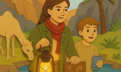 O exploratoare, Mara, aurore hotărâtă și zâmbet senin, părul brun împletit, jachetă kaki și eșarfă roșie ține o lanternă aprinsă în dreapta și o placă mică de lemn gravată în stânga, stând la marginea unei depresiuni stâncoase în fața unei izvoare; un băiat de ~13 ani, Sami, cu expresie ușurată și ochii mari, părul scurt prăfuit, ține o conservă și o urmărește ușor retras în dreapta, privind apa limpede; o cămilă, Zorilă, de culoarea nisipului, cu ochi blânzi, se adăpește liniștit la marginea pârâului; locul e o poiană încadrată de stânci ocru și gri cu pete de vegetație și un ochi de apă reflectând un cer palid; stilul sugerează texturi stratificate asemănătoare hârtiei, lumină caldă a lanternei contrastând cu tonurile reci ale pietrei, atmosferă de speranță și solidaritate.