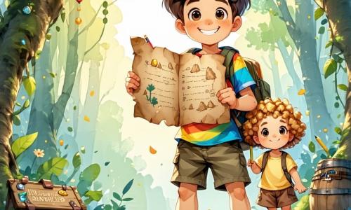 Um garoto de 12 anos, Miguel, com cabelos castanhos bagunçados e olhos brilhantes de curiosidade, está no centro da imagem, com um grande sorriso no rosto. Ele usa uma camiseta colorida e um short, segurando um mapa do tesouro em uma mão e um lápis na outra, pronto para compartilhar sua aventura. Ao lado dele, Clara, uma menina de 11 anos com cabelos cacheados e dourados, está desenhando um coração em um grande pedaço de papel. Ela veste um vestido leve com flores e tem um olhar alegre, cheia de entusiasmo para a caça ao tesouro. O cenário é um parque ensolarado, com árvores majestosas, um lago cintilante ao fundo e flores coloridas ao longo do caminho. Risos de crianças ecoam no ar, criando uma atmosfera festiva. A cena principal mostra Miguel e Clara cercados por seus amigos, todos prontos para começar uma caça ao tesouro para celebrar o Dia dos Namorados, com corações de papel e doces espalhados ao redor, simbolizando a amizade e a alegria desse dia especial.