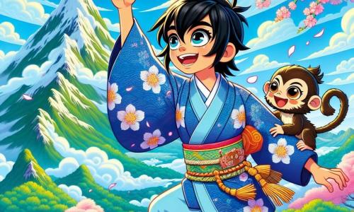 A young boy named Kenji, about 12 years old with black hair and sparkling curious eyes, stands atop a majestic mountain. He wears a traditional blue kimono adorned with cherry blossom patterns, and his face radiates joy and determination. Beside him, a mischievous little monkey named Momo, with brown fur and playful eyes, dances on his shoulder, adding a touch of cheer to the scene. The surrounding landscape is spectacular, with lush green mountains under a bright blue sky dotted with fluffy white clouds. Blooming cherry trees, their pink petals floating in the air, add a magical touch to the environment. The main scene shows Kenji and Momo, ready to face the challenge of the spiritual wind Kaze, with the heart of the mountain shimmering in his hand. They stand firmly on a rock, surrounded by a golden light aura, symbolizing their courage and friendship in the face of the unknown.