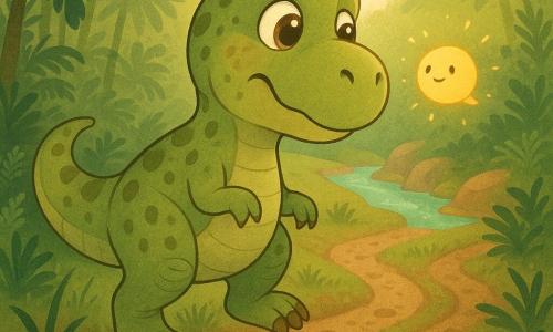 Een jonge Tyrannosaurus Rex genaamd Timo, vrolijk en nieuwsgierig met glanzende amberkleurige ogen, limoengroene huid met olijfvlekken, kleine bruine klauwen en een zacht zwiepende staart, staat op zijn krachtige achterpoten met één poot opgeheven en een halfopen schuchtere glimlach; een rond citroengeel lichtgeestje met kleine blije oogjes en vonkjes zweeft voor zijn snuit en wijst het middelste van drie modderige paden; rondom hoge varens en donkere palmen, natte varens op de voorgrond en gras langs zijn poten, op de achtergrond een turkooise rivier tussen terracottarotsen en paarse heuvels, in een ochtendlicht met gouden zonnestralen die vlekken op de natte grond maken, de sfeer is zacht avontuurlijk en nieuwsgierig.
