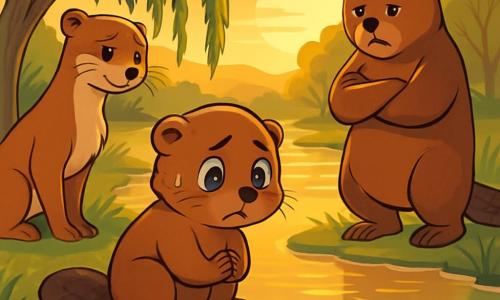 A young beaver named Ripple, with soft brown fur and round, bright eyes, stands on a rock by a pond, looking worried and thoughtful. He gazes at the shimmering water under the setting sun, his little paws trembling slightly. Nearby, his mother, a silky-furred weasel with warm eyes, approaches with a soothing smile, but her eyes reveal deep sadness. His father, a sturdy beaver with a broad tail and determined features, stands a bit farther away, arms crossed, showing an expression of concentration mixed with melancholy. The scene is a peaceful pond surrounded by weeping willows, their drooping branches creating a soft, protective frame, while water lilies float on the surface. The main focus is on Ripple, caught between his parents, feeling the tension of their separation as the sun slowly sets, casting long, golden shadows over the landscape, symbolizing change and uncertainty.
