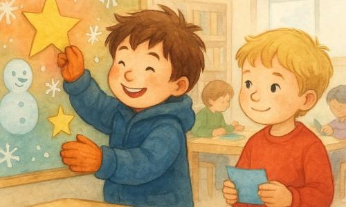 Miguel, um menino de 6 anos com cabelos castanhos desgrenhados e bochechas rosadas pelo frio, sorri calorosamente. Ele veste um casaco azul grosso e luvas de tricô laranja. Miguel está colando uma estrela de papel em um grande painel colorido. Ao lado dele, Tiago, também de 6 anos, tem cabelos loiros e veste um suéter vermelho. Tiago segura um pedaço de papel azul e olha para Miguel com um sorriso tímido. Eles estão em uma sala iluminada da biblioteca, com mesas cheias de papéis coloridos, tesouras e cola. A cena principal mostra Miguel e Tiago colaborando alegremente na criação de um painel de inverno, cercados por outras crianças que recortam e colam formas de neve e estrelas.
