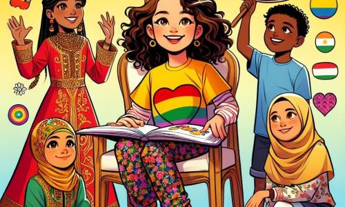 Una niña de 10 años, Sofía, con cabello rizado y castaño, sonríe mientras sostiene un gran cartel colorido sobre la diversidad. Lleva una camiseta amarilla y una falda de flores. A su derecha, Amina, también de 10 años, con cabello liso y negro, viste un vestido tradicional marroquí rojo y dorado, la observa con admiración. A su izquierda, Tomás, un niño de 9 años con cabello castaño y ojos brillantes, lleva una camiseta azul y un pantalón corto, sosteniendo un plato de pasteles argentinos para compartir. Li Na, una niña de 10 años de origen chino, con cabello largo y negro, está sentada sonriendo y dibujando símbolos de su cultura en un gran papel. El lugar es un aula luminosa decorada con banderas de diferentes países y dibujos coloridos en las paredes, con mesas llenas de platos típicos del mundo, creando un ambiente festivo y acogedor. La situación principal muestra a Sofía y sus amigos preparando su presentación sobre la diversidad, rodeados de sus creaciones, riendo e intercambiando ideas, ilustrando la armonía y la amistad entre diferentes culturas.