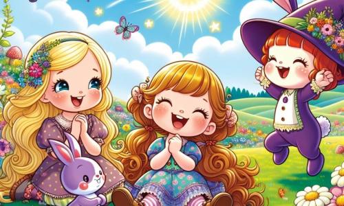 In a sunny meadow, three little girls are gathered. Lily, a 7-year-old with long blonde hair and sparkling eyes, sits on the grass, laughing heartily. Next to her, Daisy, a 6-year-old with brown pigtails and a mischievous smile, points at a large field of colorful flowers. Rose, an 8-year-old with red hair and freckles, stands with her arms crossed, looking determined and ready for an adventure. 

In the center, an adorable purple rabbit named Binky, with big ears and a magic hat, hops joyfully. The meadow is filled with bright flowers, dancing butterflies, and a clear blue sky dotted with fluffy clouds. 

The main scene shows the girls and Binky laughing together as they try to catch a wiggly colorful mushroom that is playfully escaping from them. The flowers around them seem to dance to the rhythm of their joy, creating a magical and playful atmosphere.