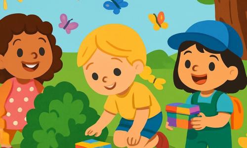 Există 3 personaje: - Maria: o fetiță de 3 ani, cu părul castaniu buclat și un zâmbet mare. Poartă o rochie roz cu buline albe și ține o mică lopată din plastic. Se află în stânga, privind cu curiozitate un tufiș mare. - Ana: o fetiță de 3 ani, cu părul blond împletit și ochi strălucitori. Poartă un tricou galben și o pereche de pantaloni scurți din denim. Este în centru, aplecându-se pentru a examina o piatră colorată. - Ioana: o fetiță de 3 ani, cu părul negru drept și o șapcă albastră. Poartă o salopetă verde și ține un rucsac mic. Este în dreapta, zâmbind și arătând o mică cutie colorată pe care a găsit-o. Locul este o grădină mare și însorită, plină de flori strălucitoare de toate culorile: trandafiri roșii, floarea-soarelui galbenă și violete. Fluturi multicolori zboară în jurul lor, iar un stejar bătrân și măreț se înalță în fundal, cu ramuri întinse ca niște brațe primitoare. Situația principală arată cele trei mici aventuri descoperind o cutie colorată ascunsă sub un tufiș. Ele sunt înconjurate de flori și animale vesele, cu expresii de surpriză și fericire pe fețele lor.