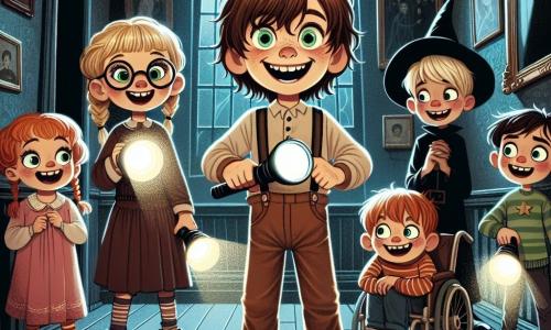 In een grote donkere kamer van een oud spookhuis staan vijf kinderen samen, verlicht door het licht van hun zaklampen. Sam, een 10-jarig jongetje met rommelig bruin haar en een brede glimlach, staat in het midden met zijn armen wijd open. Lotte, een 9-jarig meisje met ronde brillen en vlechten, staat links van hem, met grote ogen van opwinding, terwijl ze een zaklamp vasthoudt die een oud schilderij verlicht. Joris, een 10-jarige jongen met blond haar en een achterstevoren pet, staat iets verder weg en lacht nerveus terwijl hij naar een schaduw in een hoek wijst. Emma, een 9-jarig meisje verkleed als heks met een puntige hoed en een zwarte jurk, staat rechts van Sam met gekruiste armen en een ondeugende glimlach, klaar om haar vrienden aan te moedigen. Finn, een 10-jarige jongen in een rolstoel, staat net achter Lotte met een brede glimlach en sprankelende ogen, terwijl hij een kleine versierde pompoen vasthoudt. Het spookhuis is gevuld met oude meubels bedekt met witte lakens, spinnenwebben in de hoeken en oude schilderijen met mysterieuze gezichten die lijken te kijken. Het maanlicht valt door een stoffig raam en creëert een magische en lichtgriezelige sfeer. De kinderen hebben net een grote oude spiegel ontdekt die mysterieus glinstert, en ze staan op het punt de drempel naar een betoverde wereld over te steken, waar geesten dansen en de magie van Halloween tot leven komt.
