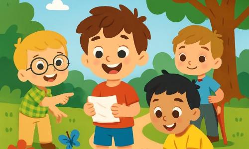 Es gibt 4 Kinder: Max, ein 3-jähriger Junge mit zerzausten braunen Haaren und einem strahlenden Lächeln, trägt ein rotes T-Shirt und eine blaue Shorts und steht in der Mitte mit einem Stück Papier in den Händen. Tim, ein 4-jähriger Junge mit blonden Haaren und runden Brillen, trägt ein kariertes grünes Hemd und eine beige Hose und steht links von Max, während er enthusiastisch auf den Boden zeigt. Leo, ein 3-jähriger Junge mit schwarzen Haaren und funkelnden Augen, trägt ein gelbes T-Shirt und eine orange Shorts und steht rechts von Max, während er mit einem großen Lächeln einen Abfall aufhebt. Ben, ein 3-jähriger Junge mit kastanienbraunen Haaren und einem Gehstock neben sich, trägt ein hellblaues T-Shirt und graue Hosen und steht etwas im Hintergrund und beobachtet stolz seine Freunde. Der Ort ist ein großer sonniger Garten mit bunten Blumen, großen grünen Bäumen und einem strahlend blauen Himmel. Schmetterlinge fliegen um die Blumen und ein kleiner Kiesweg schlängelt sich durch den Garten. Die Hauptsituation zeigt die Kinder, wie sie Abfall im Garten sammeln. Sie sind fröhlich und entschlossen, jeder hält einen anderen Abfall, während der Garten immer sauberer und bunter wird. Blumen blühen um sie herum und man spürt die positive Energie ihrer Aktion für die Natur.