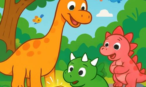 Un diplodocus cu gât lung, Dino, stă în centrul unei păduri luxuriante, cu frunze verzi strălucitoare și flori colorate. Are un zâmbet vesel și ochi strălucitori de excitație, în timp ce privește o cutie mică aurie pe care a găsit-o sub un copac mare. Lângă el, Roro, un triceratops verde cu trei coarne ascuțite, observă cu curiozitate, ochii săi rotunzi fiind plini de uimire. Mai departe, Lila, un tinerel stegozaur roz, stă pe o piatră, cu labele din față încrucișate, având o expresie de entuziasm pe față. Scena se desfășoară într-o poiană însorită, înconjurată de copaci măreți și arbuști înfloriți, unde păsări colorate zboară pe cerul albastru. Dino, cu cutia strălucitoare în labe, este pe cale să dezvăluie secretul seminței timpului, aducând o atmosferă de magie și aventură.