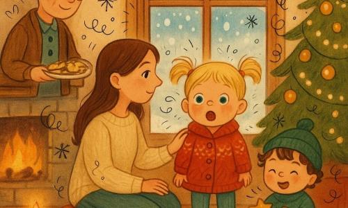Ein warmes Winterwohnzimmer: durch eine beschlagene Fensterfront fallen große Schneeflocken; ein vierjähriges blondes Mädchen mit Zöpfen, runde glänzende Augen und geröteten Wangen drückt die Nase gegen das Glas, trägt einen roten Wollmantel; neben ihr sitzt die etwa 30-jährige Mutter, lächelnd und sanft, mit cremefarbenem Strickpullover und Hand auf ihrer Schulter; ein zweijähriger Bruder mit braunen Locken und Mütze sitzt auf dem Teppich und hält ein Sternspielzeug; die Großmutter (ca. 70) mit grauem Dutt und runden Brillen reicht ein Tablett mit Plätzchen; dekorierter Weihnachtsbaum mit Lichterketten und goldenen Kugeln, brennende Kerze auf dem Tisch, steinerner Kamin mit sanfter Flamme, dicker Teppich und bunte Kissen; Atmosphäre warm, friedlich und einladend, goldene Beleuchtung von Kerze und Lichterketten, Stil: warme Farben, einfache runde Konturen, sichtbare Woll- und Holztexturen, kleine Doodles (Flocken, Sterne, Herzen) um die Figuren.