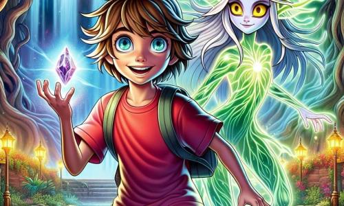 Un ragazzo di 12 anni, di nome Luca, si trova al centro dell'immagine, con i capelli castani in disordine e gli occhi azzurri brillanti di eccitazione. Indossa una maglietta rossa vivace e pantaloni corti di jeans, tenendo un cristallo luminoso tra le mani, che illumina il suo viso con un bagliore magico. Accanto a lui, Kira, una creatura fantastica con la pelle verde iridescente e lunghi capelli argentati, fluttua leggermente sopra il suolo, i suoi occhi gialli brillano di determinazione. Indossa un vestito leggero che sembra fatto di foglie e luce, e sorride a Luca, incoraggiandolo nella loro missione. Lo sfondo è un parco centrale di Belladonna, circondato da grandi alberi con foglie brillanti e una fontana antica, la cui acqua scintilla sotto la luce del cristallo. Ombre misteriose danzano attorno a loro, aggiungendo un'atmosfera di magia e mistero alla scena. Luca e Kira si preparano ad affrontare un drago nero minaccioso che emerge dall'ombra, con gli occhi rossi brillanti di una luce feroce. La tensione è palpabile e l'aria è carica di energia mentre si preparano a difendere la luce contro l'oscurità.