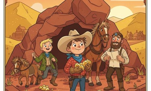 A 12-year-old boy, Jake, round-faced with tousled brown hair, smiles proudly holding shiny gold nuggets in gloved hands while wearing a beige cowboy hat, red plaid shirt, blue neckerchief and dusty boots; to his left an excited ~13-year-old Ben with blond hair bounces holding a rope and a small shaggy pony tied behind him, and to his right a bearded ~40-year-old Caleb with tanned skin and calloused hands wipes miner’s dust from his clothes, smiling with relief and clutching a crumpled old map; nearby the bay horse Dusty pants and watches the cave entrance, which is partially blocked by a huge fallen boulder, as gold flecks glitter on the red-dust ground in a valley of golden hills with angular rocks, yellow grasses and a small wooden town under an orange-pink sunset — mood triumphant and united, warm sunset light highlighting metal and earth textures — graphic style: simplified geometric shapes, saturated warm colors, thick outlines, art-deco decorative motifs, grainy dust textures and bright metallic highlights.