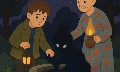 Ein 10-jähriger Junge, Milo, ängstlich aber entschlossen, rundes Gesicht, zerzaustes braunes Haar, zu große khakifarbene Jacke, hält in einer Hand eine kleine gelbe Laterne und mit der anderen eine dunkle Gestalt, blickt nach unten, leicht gebeugte Knie; eine Großmutter, Oma Leni, etwa 70, faltiges aber sanftes Gesicht, graue Haare zum Dutt, geblümte Nachthemde, steht rechts hinter Milo mit einer großen Öllampe, beschützend und wachsam; eine Kreatur namens Nox, schattenhafte, dampfige Silhouette mit unscharfen Konturen in Schwarz und Mitternachtsblau und zwei silbern glänzenden Augen, steht nahe Milos Hand, als gleite sie aus einem Riss; ein alter Brunnen mit rissigem kaltem Steinkragen und teilweise geöffnetem Holzdeckel, hohes Gras, Moos und ein paar tote Blätter, im Hintergrund sternenklare violette Nacht; Atmosphäre: angespannte Konfrontation—ein Band aus zähflüssiger Dunkelheit quillt aus dem Brunnen und scheint die Luft zu saugen, Milo wehrt sich, Nox schützt, warmes Laternenlicht kontrastiert mit kalten blauen Schatten, schichtige Texturen, klare Konturen, kontrastreiche Farben und einfache, detaillierte Szenerie.