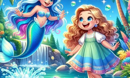 In a magical oasis, a beautiful mermaid named Mira, with long wavy hair of bright blue and a shimmering turquoise tail, swims joyfully in the clear water, her face radiant with happiness and excitement. Beside her, a little girl named Lila, about eight years old with curly golden hair, wears a light dress in vibrant colors. She stands on the shore, her feet in the water, smiling and laughing as she watches her new friend. The oasis is surrounded by lush palm trees and vibrant flowers, with a bright blue sky and sunlight dancing on the water's surface, creating sparkling reflections. The scene shows Mira and Lila celebrating their friendship, surrounded by colorful magical stones that shine around them, while a gentle breeze rustles the leaves of the trees, bringing a joyful and enchanted atmosphere.